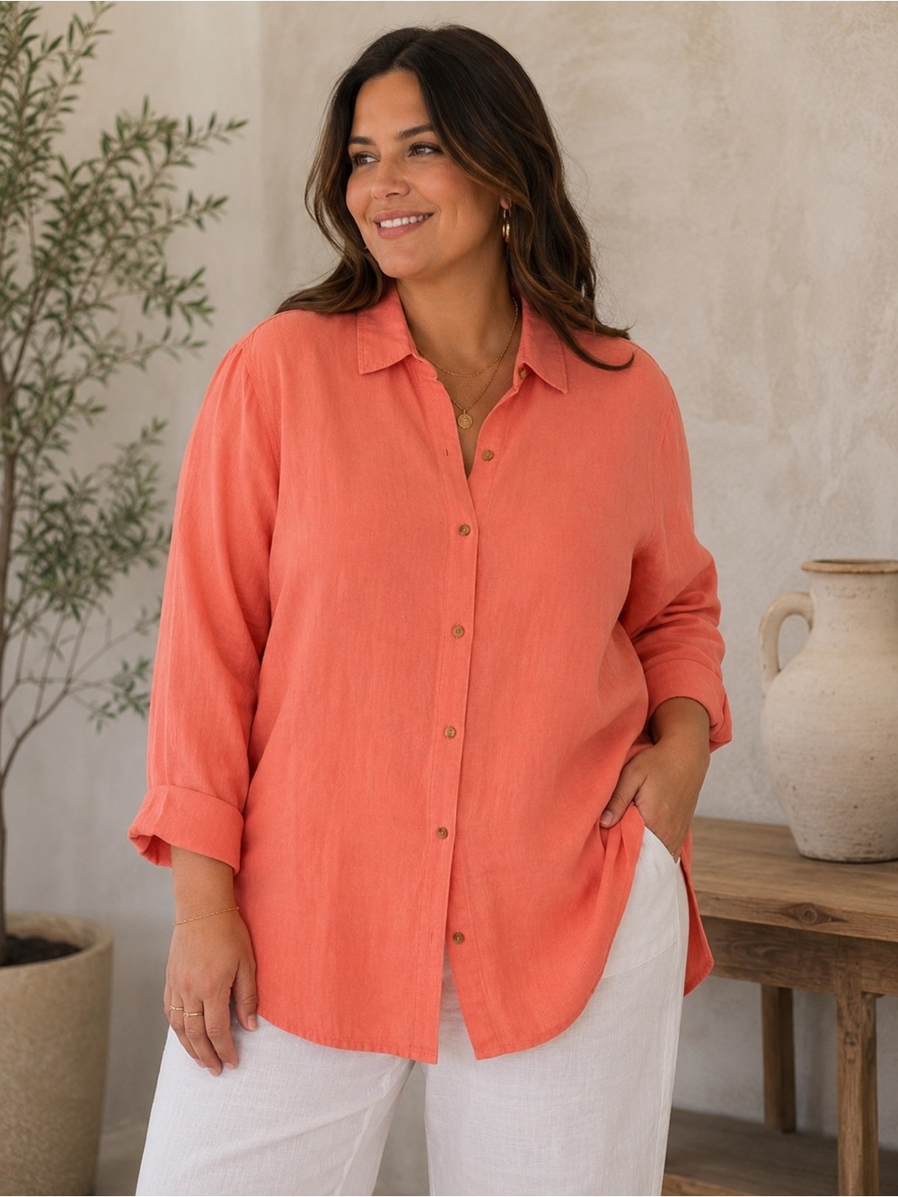 Harvé Bernard Coral Linen Cotton Button Front Shirt Women's 2X Coastal Top